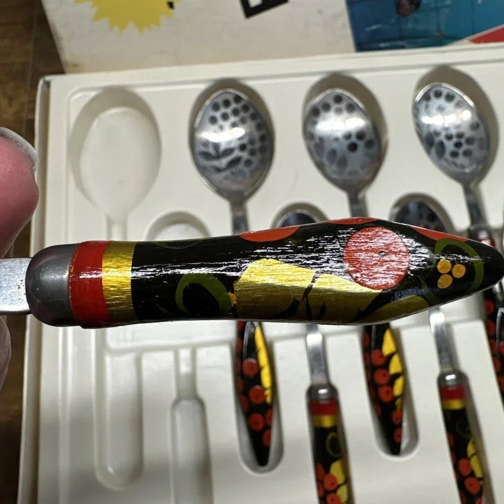 Vintage Russian 6 Person Table‎ Set  Handpainted Wood Spoons 6 Small 5 Large Box